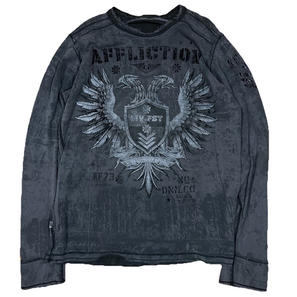Affliction Shirt Mens XXL Black Gray Thermal Reversible Grunge Y2K Distress‎